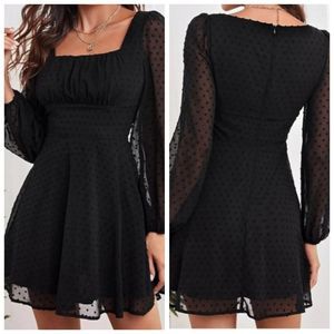 Black Swiss Dot Long Sleeve Square Neck Dress